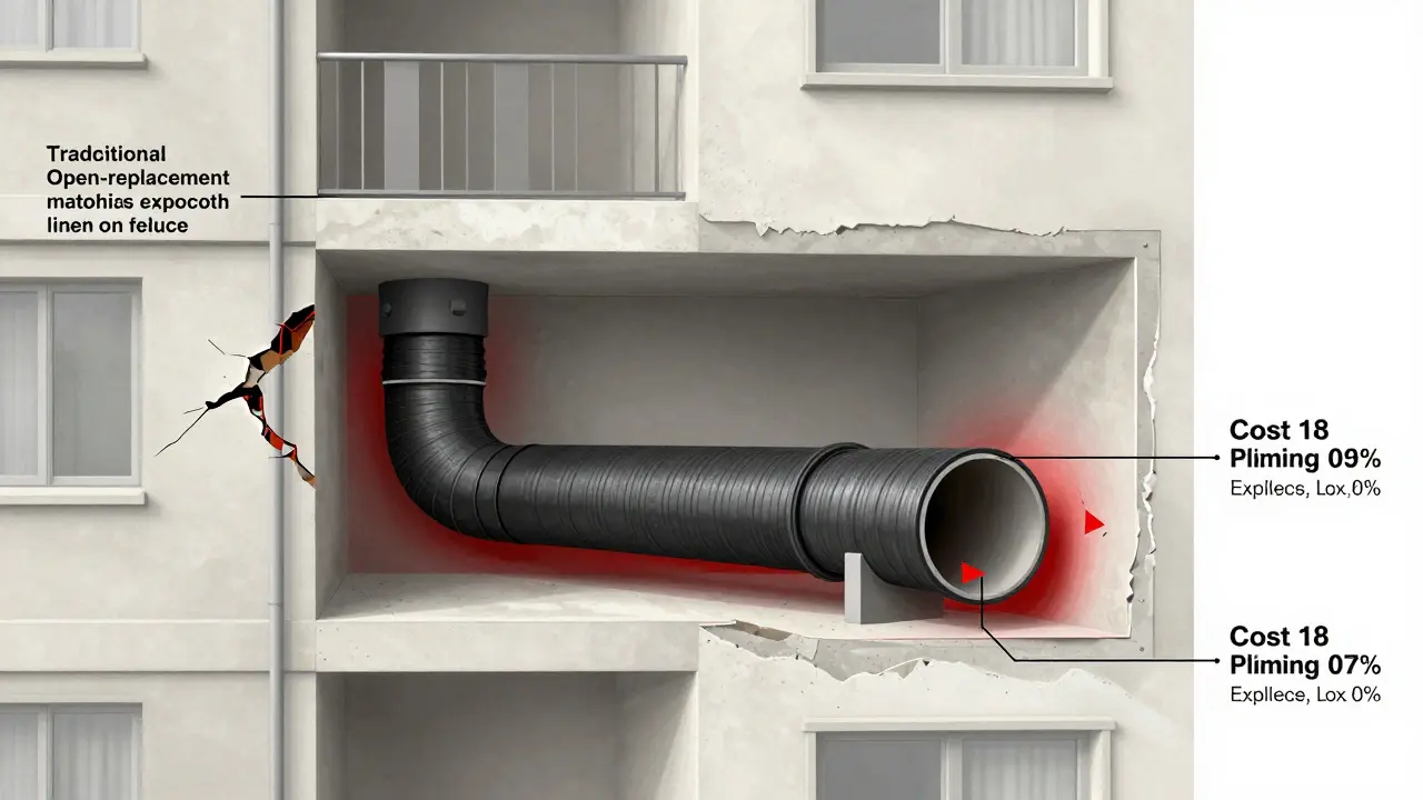 Vergleich der offenen Sanierung und des Inliner-Verfahrens in einem Mehrfamilienhaus-System.