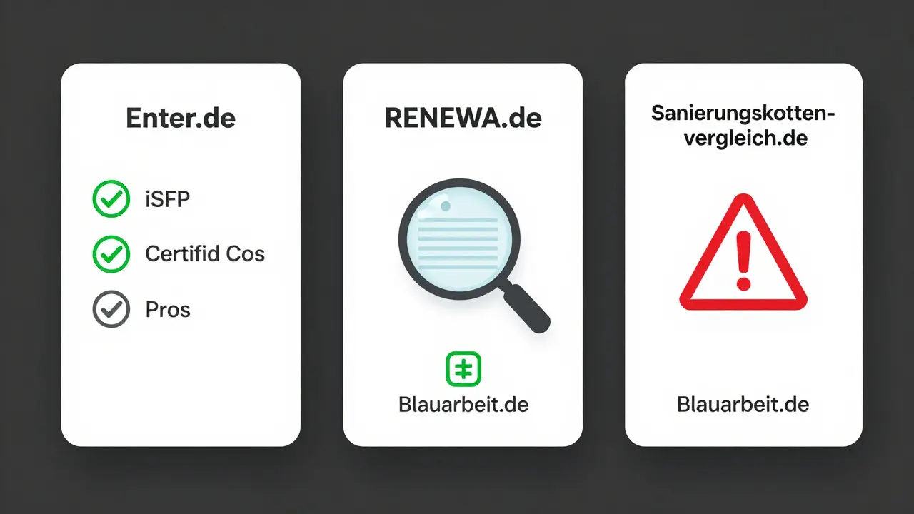 Vergleich der Sanierungsplattformen Enter.de, RENEWA.de und Sanierungskosten-vergleich.de mit Risiko- und Vertrauensmarkierungen.