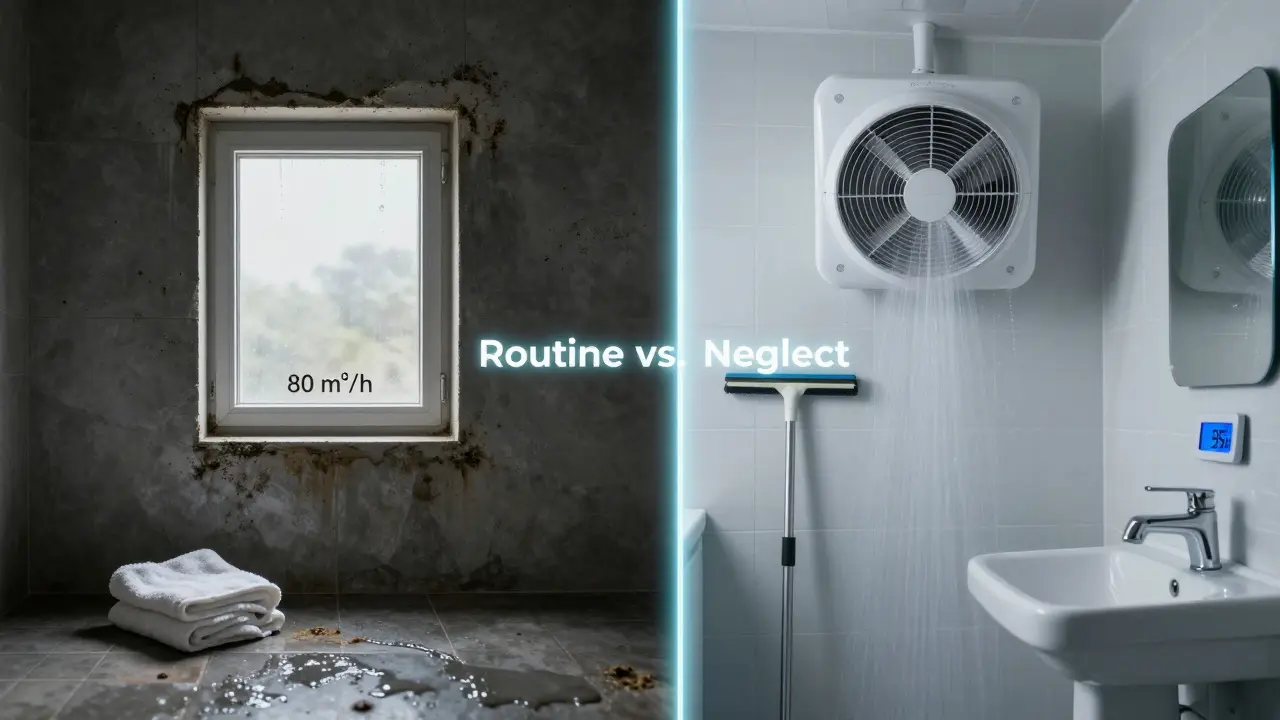 Vergleich: Schimmelige Ecke links, sauberes Badezimmer mit Lüftung und Hygrometer rechts.