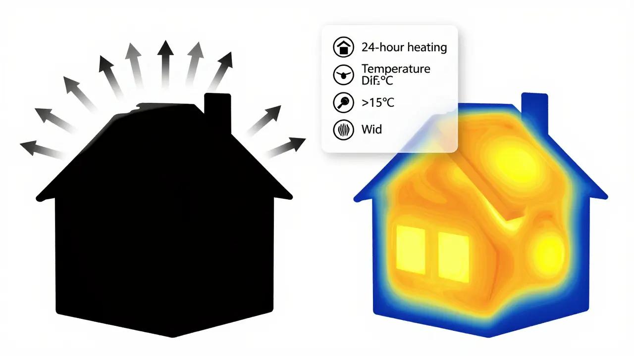 Vergleich: unsichtbarer Wärmeverlust vs. thermografisch sichtbare Leckstellen an einem Haus.