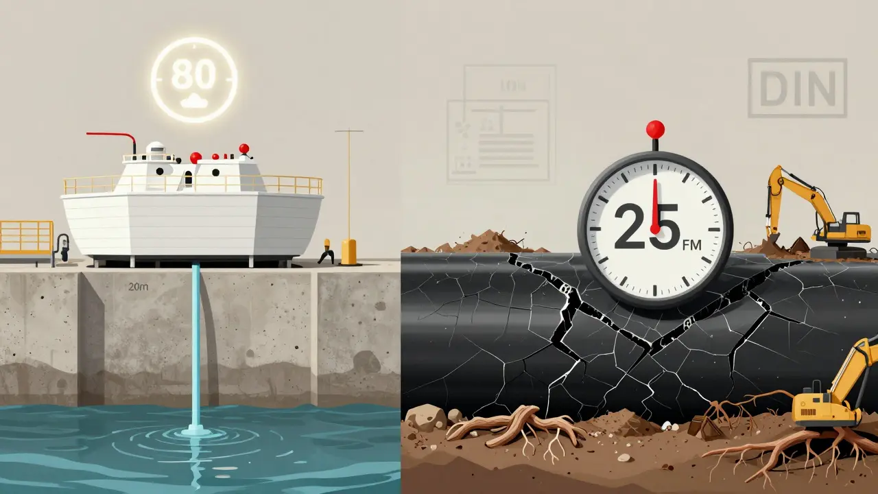 Vergleich: Weiße Wanne hält hohen Wasserdruck langfristig, schwarze Wanne zeigt Beschädigungen und ablaufende Zeit.