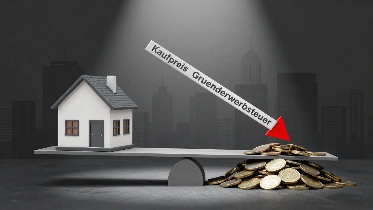 Waage mit Haus und Geldstapel, die Grunderwerbsteuer als überwältigende Last darstellt.