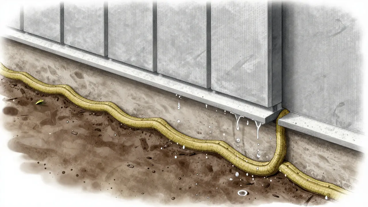 WDVS-Sockel mit Kehle zur Wasserabfuhr und Perimeterdämmung, Wasser läuft ab.