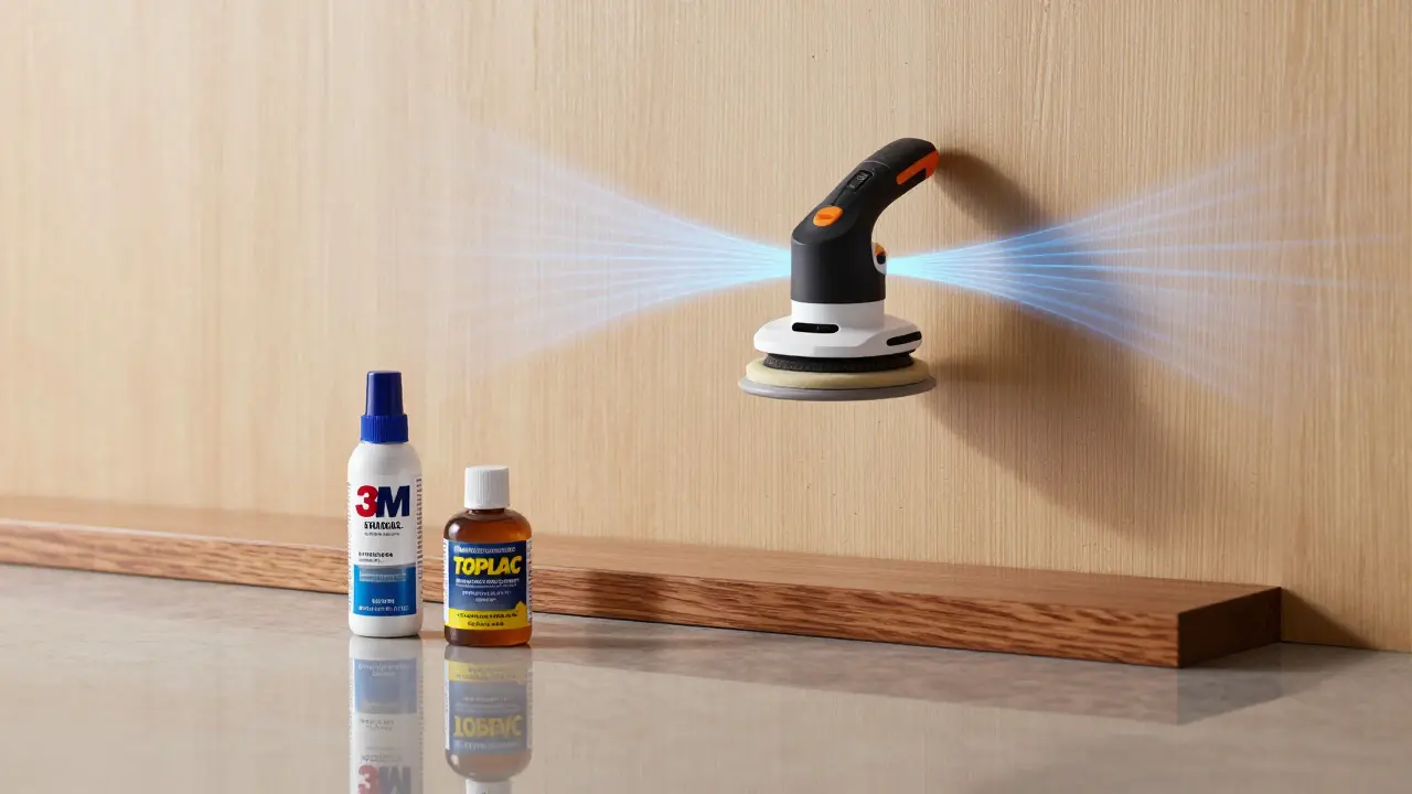 Zukünftiges Schleifgerät mit Sensoren über einer holzverkleideten Wand.