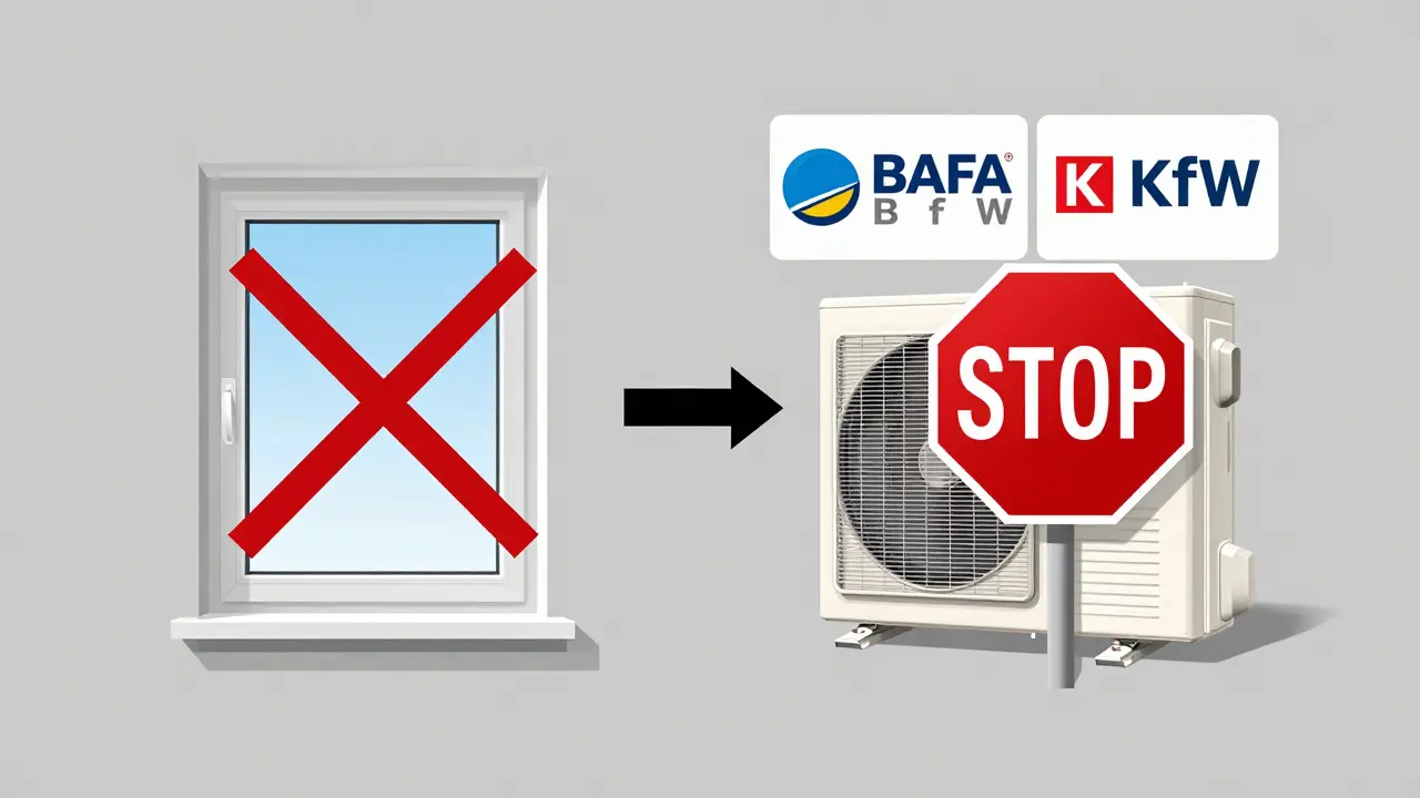 Zwei verbotene Förderkombinationen: doppelte Förderung für ein Fenster und eine Heizung mit gekreuzten Symbolen.