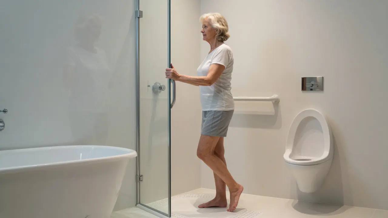 Ältere Frau betritt sicher eine barrierefreie Dusche, symbolisch befreit von alten Gefahren.