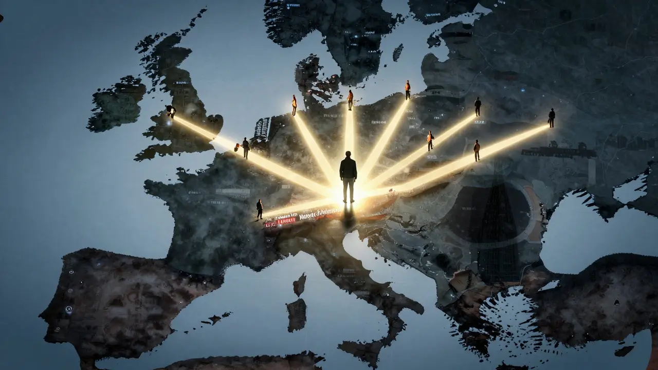 Deutschlandkarte mit leuchtenden Arbeitsströmen zu wirtschaftlich starken Städten.