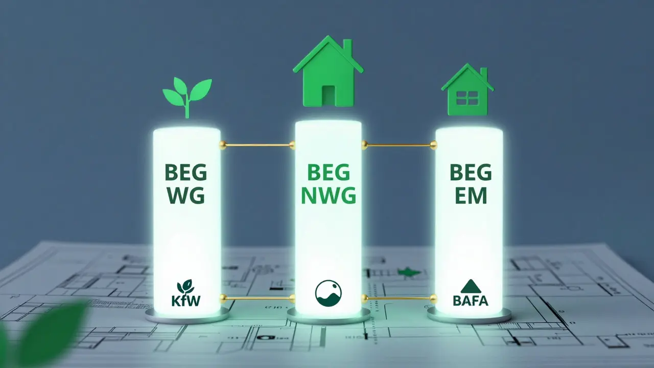 Drei Säulen der Bundesförderung für nachhaltige Gebäude mit KfW- und BAFA-Symbolen, grün-blauer Farbton, abstrakte Architektur.