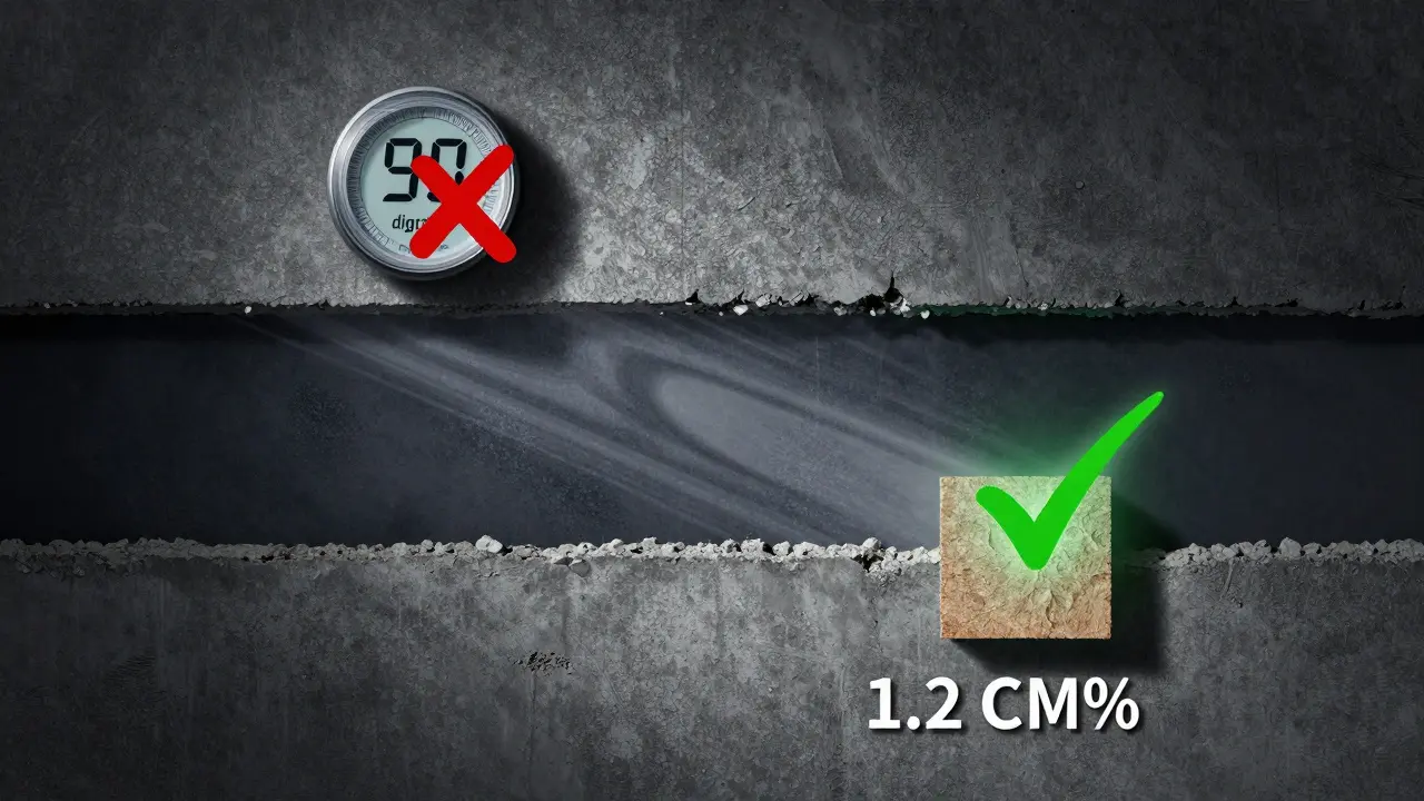 Drei Schichten einer Wand zeigen den Unterschied zwischen falscher Hygrometer-Messung und echter Estrich-Trockenheit.