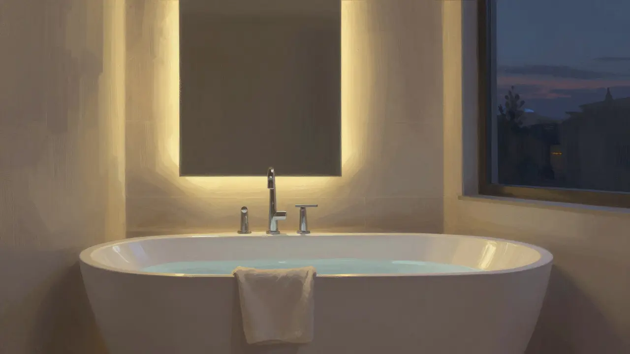 Ein abendliches Bad mit sanfter LED-Beleuchtung hinter einem Spiegel und einer freistehenden Badewanne, in warmem Licht.