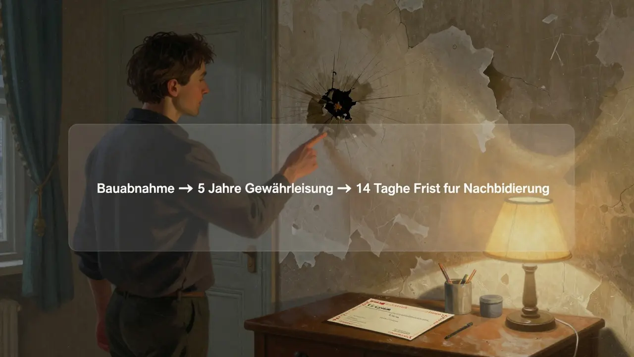 Ein Bewohner zeigt auf eine verdeckte Feuchtigkeitsstelle hinter abgeplatzter Tapete, neben ihm liegt ein rechtssicher formulierte Mängelrüge.