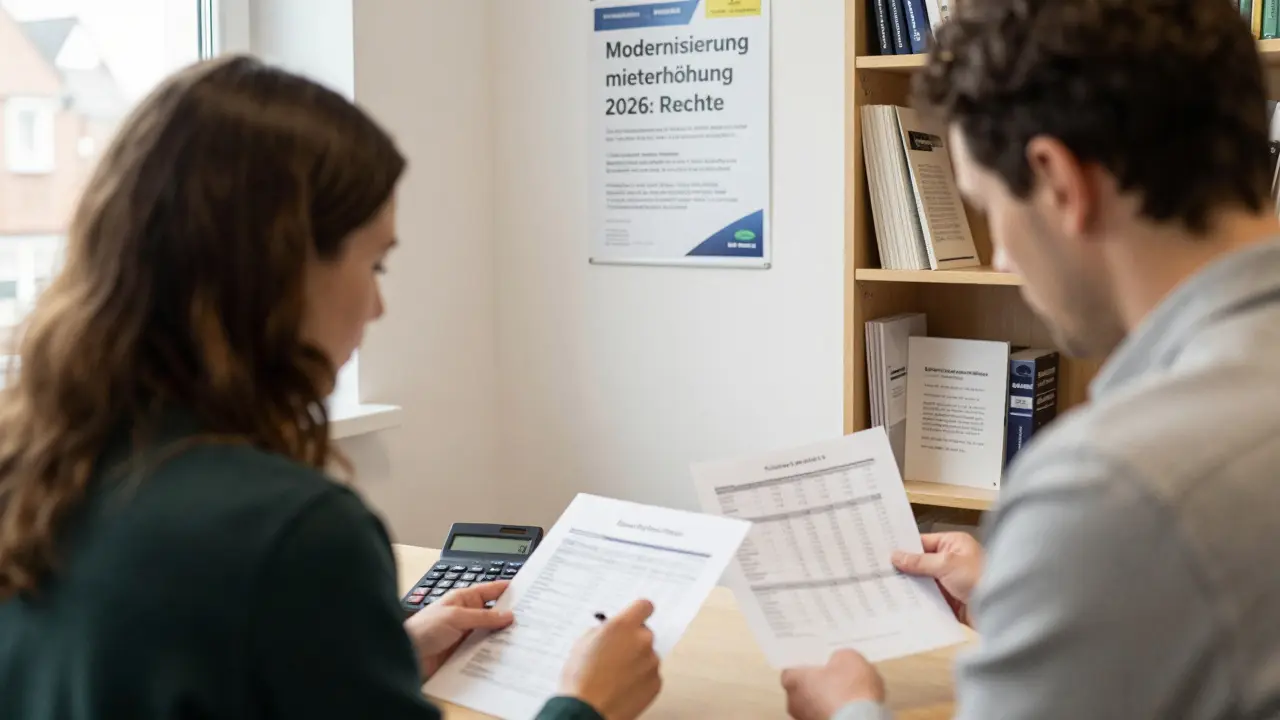 Ein Mieter bespricht mit einem Berater die Kosten einer Modernisierung in einem öffentlichen Büro.
