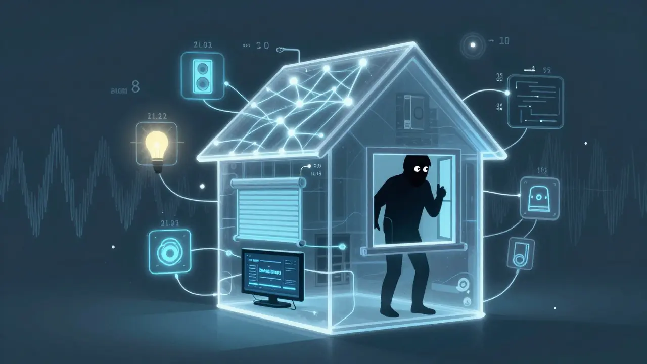 Ein transparentes Haus mit digitalen Symbolen, die menschliche Bewegungen nachahmen – ein Einbrecher zögert, weil es echt wirkt.