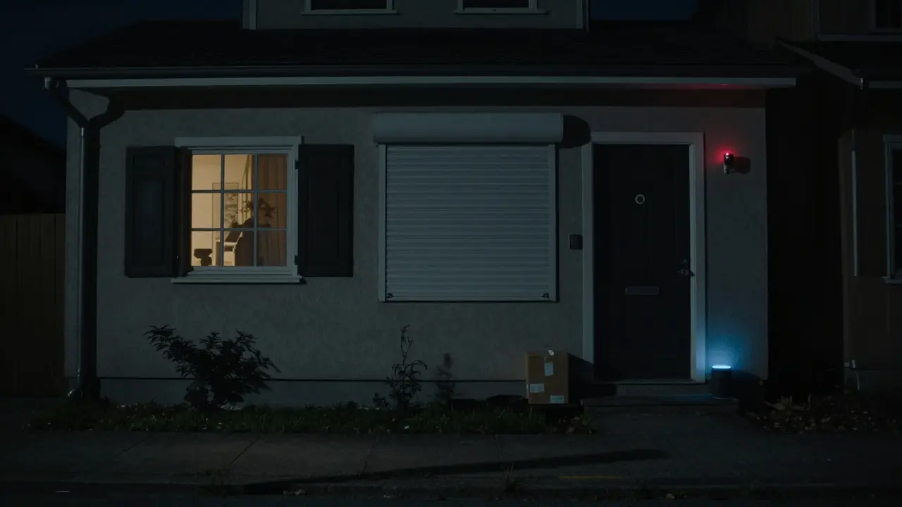 Eine abendliche Hausfassade mit unregelmäßigen Lichtern, einem teilweise geöffneten Rollladen und einer smarten Kamera, die als Wachhund fungiert.