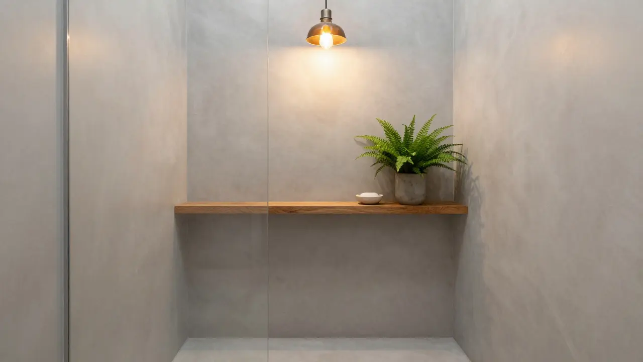 Eine duschfläche ohne Glasscheibe, mit mikrozementboden und einem einzigen hängelicht, in natürlicher, ruhiger Atmosphäre.