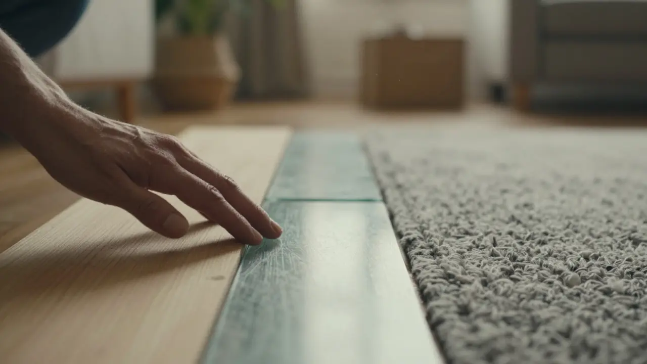 Eine Hand, die nacheinander Holz, Glas und Wollteppich berührt — eine sensorische Erfahrung.