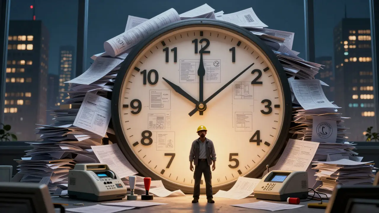 Eine Uhr aus Bauplänen tickt langsam, während ein Bauarbeiter von Bürokratie umgeben ist und eine Stadt mit leeren Fenstern wartet.