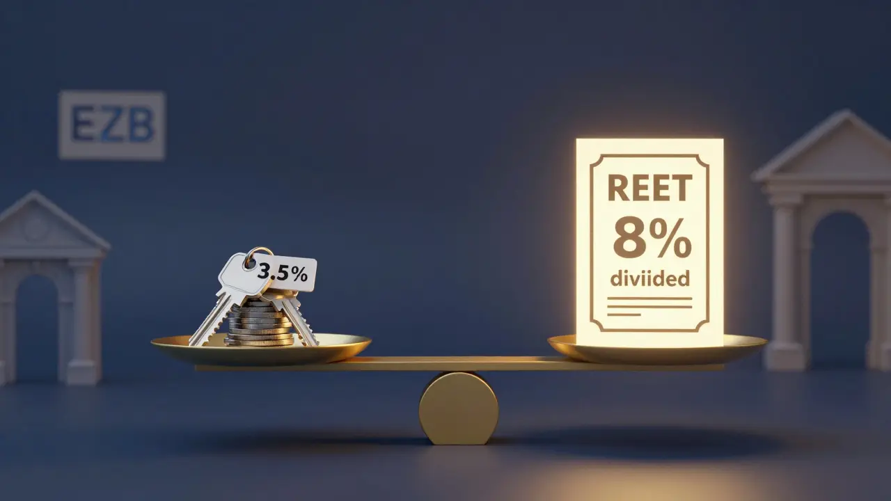 Eine Waage mit Immobilien-Schlüsseln und einer REIT-Aktie, dargestellt als Metapher für Investitionsstrategien bei hohen Zinsen.