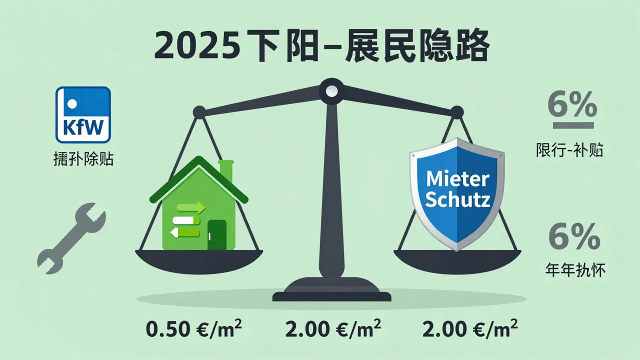 Eine Waage zeigt 6 % Modernisierungskosten gegen Mieterschutz-Schilde mit den drei gesetzlichen Obergrenzen.