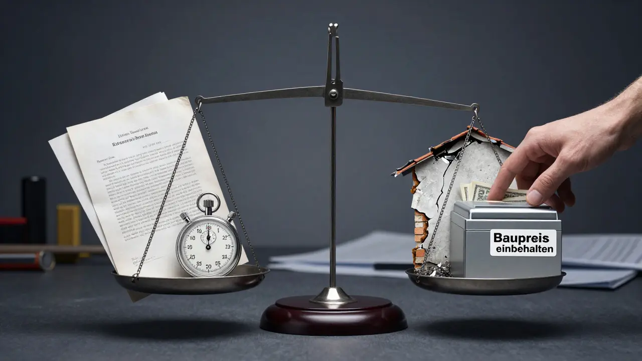 Eine Waage zeigt dokumentierte Beweise gegen Baumängel, mit Fristen und Einbehaltung der Zahlung als rechtliche Hebel.