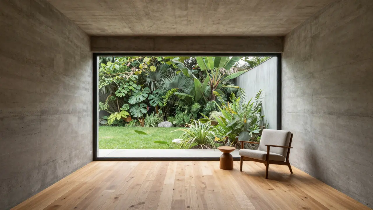 Exponierte Betonwände und große Fenster verbinden Innenraum mit Garten
