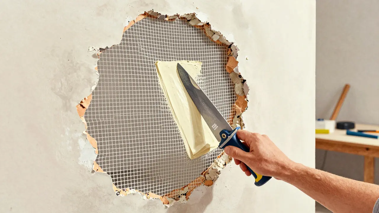 Fiberglasgewebe auf großem Wandloch angewendet