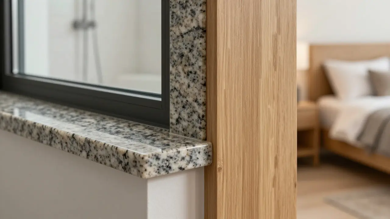 Gesplittete Fensterbank: Granit links, Holz rechts, mit Umgebungskontext Bad und Wohnzimmer.
