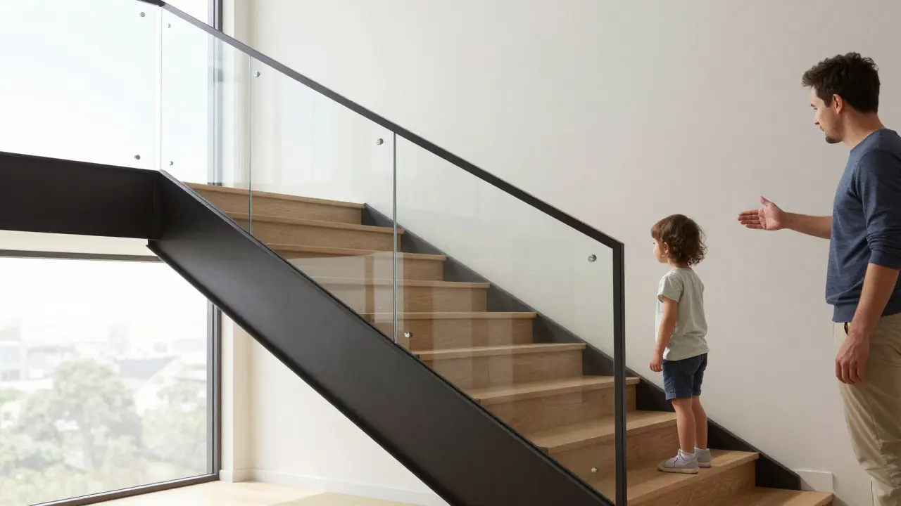 Glasgeländer an offener Treppe mit Abständen unter 12 cm und sichtbaren Dämpfungselementen unter den Stufen.