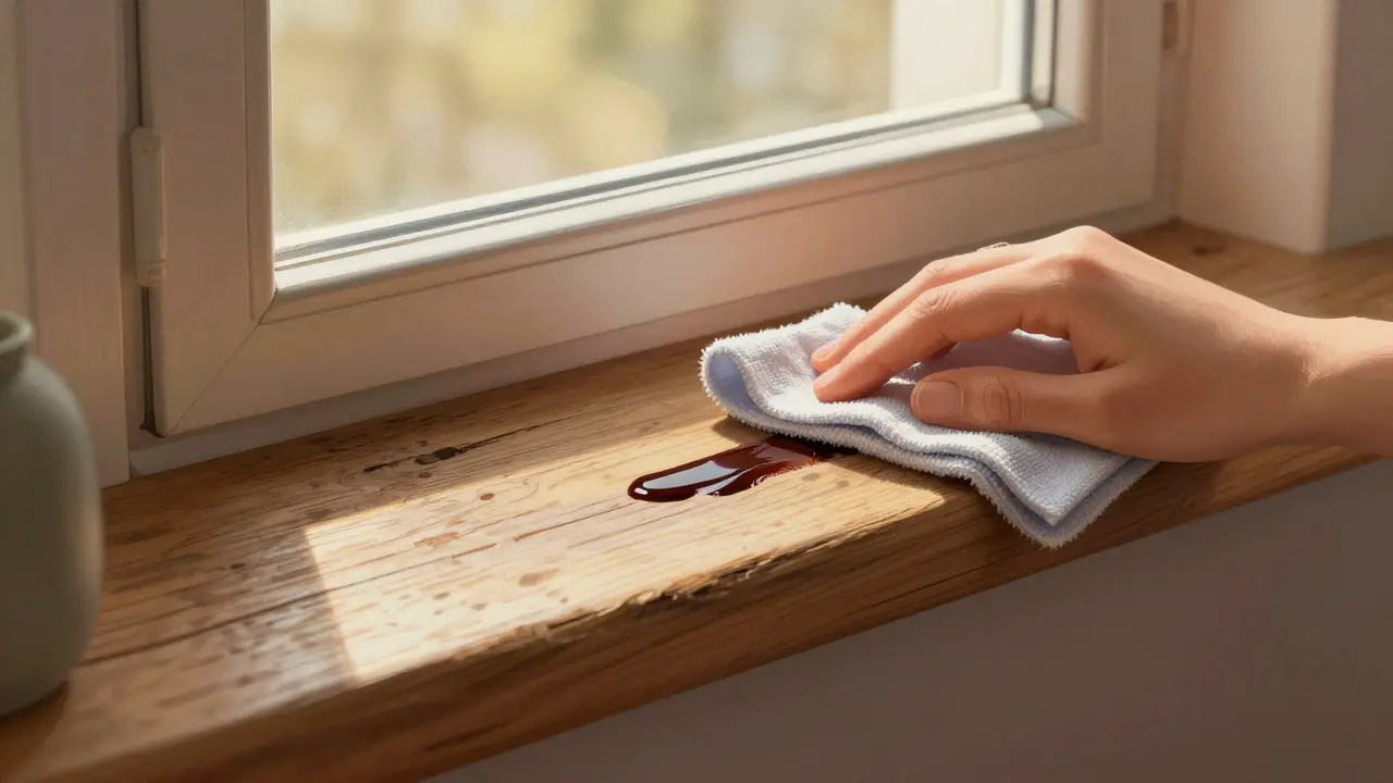 Hände oilen eine Eichenfensterbank mit Hartwachsöl, um einen Kratzer zu reparieren.