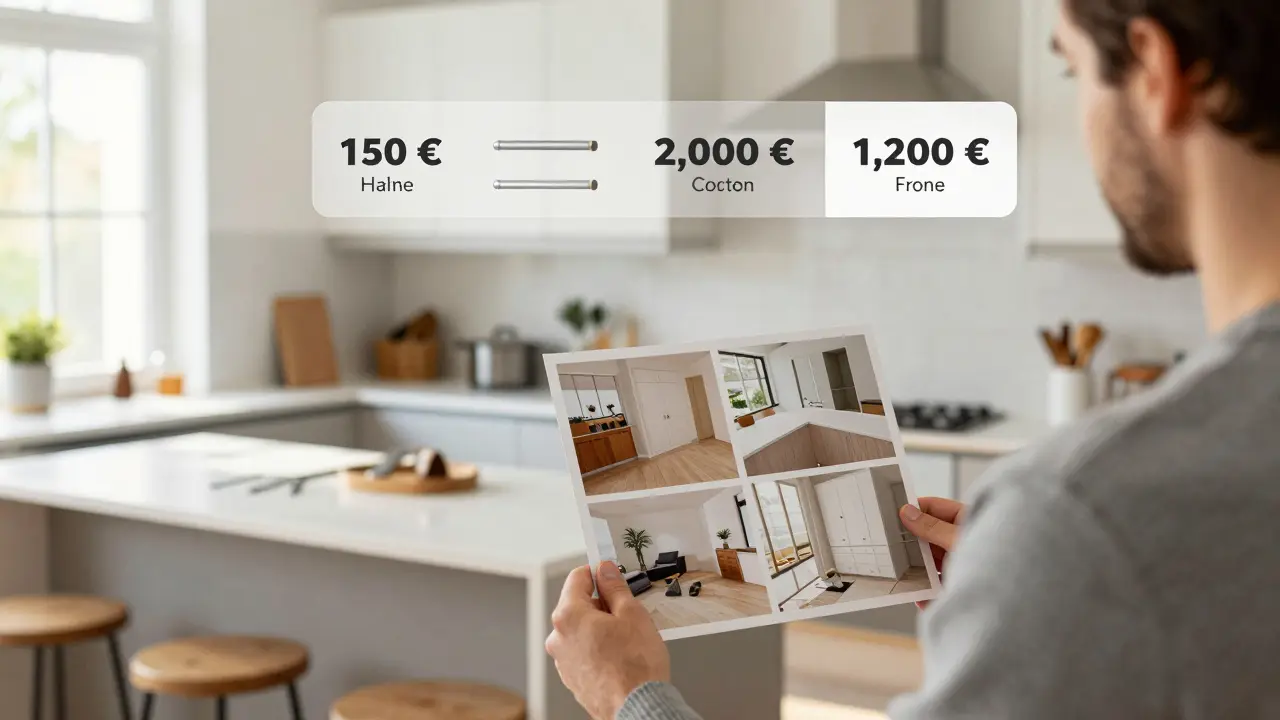 Hausbesitzerin vor ihrer neu renovierten Küche, hält ein Vorher-Nachher-Foto, moderne Elemente im Hintergrund.