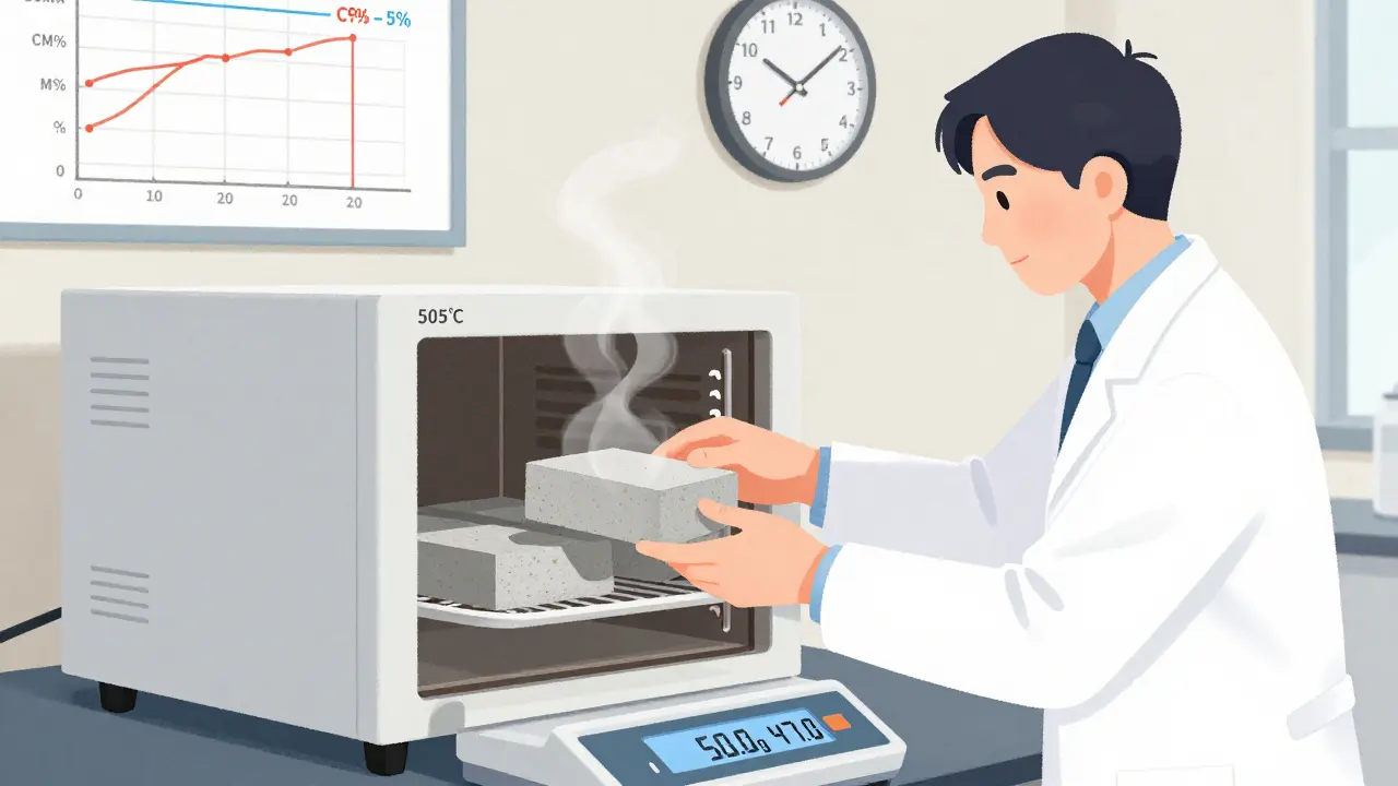 Im Labor wird eine Estrichprobe bei 105 °C getrocknet, um den Wassergehalt nach der Darr-Methode zu bestimmen.