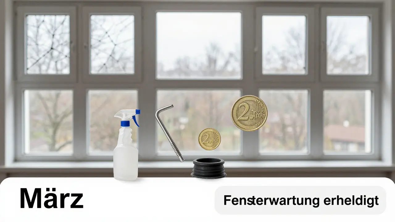 Kalender mit Wartungs-Icons und Fenstern in unterschiedlichen Zuständen, symbolisierend den Effekt regelmäßiger Pflege.