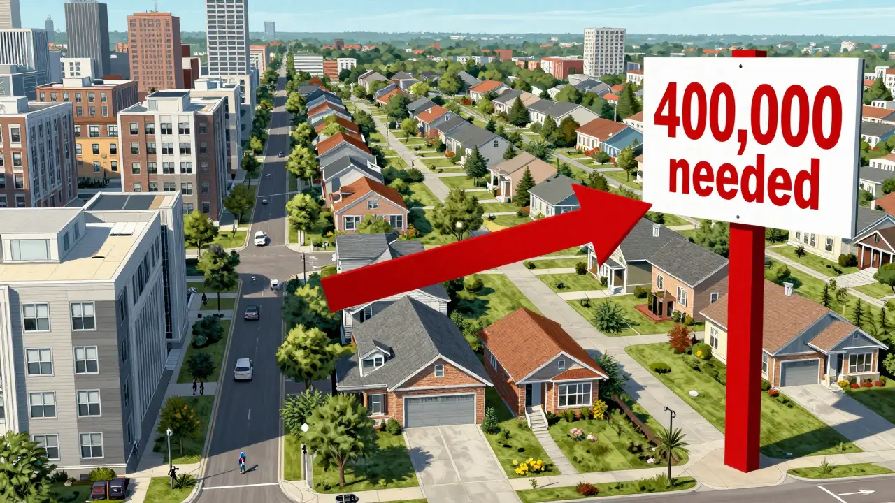 Kontrastierende Darstellung von Einfamilienhäusern und Mehrfamilienhäusern mit einer roten Pfeil-Visualisierung des Wohnungsbedarfs.