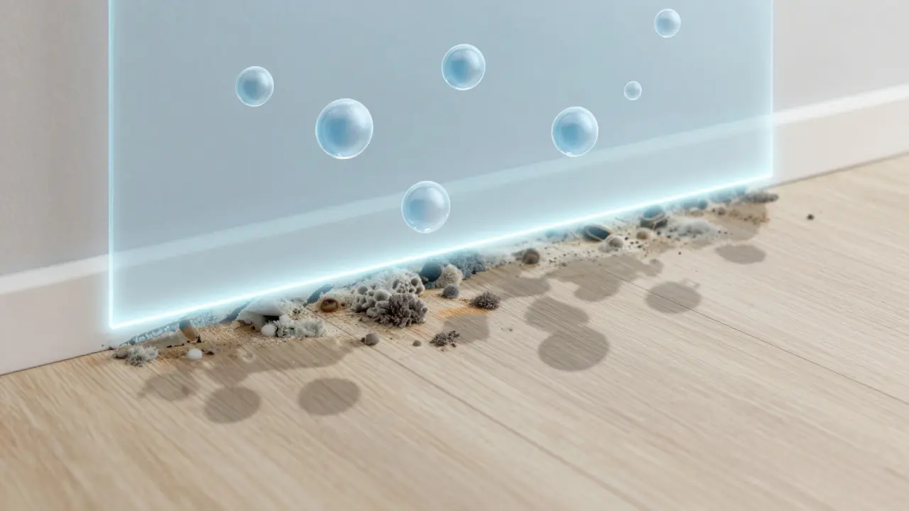 Konzeptuelles Bild: Wassertröpfchen werden von einer schützenden Schicht auf Vinylboden abgewehrt, während Schimmel darunter als verschwommenes Risiko dargestellt ist.