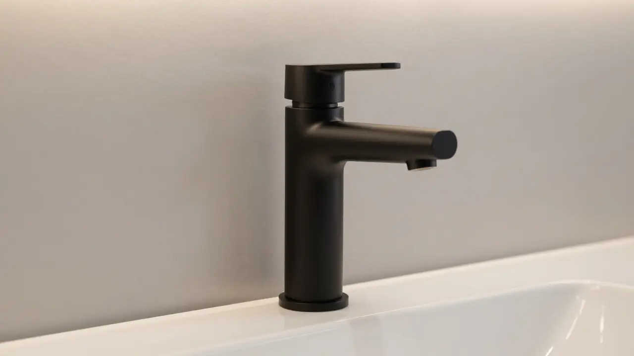 Mattschwarze Armatur in minimalistischem Badezimmer mit klaren Formen