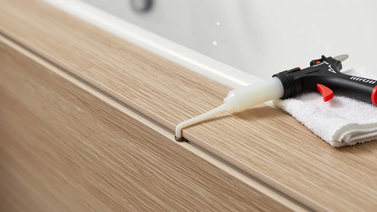 Nahansicht einer Vinylbodenfuge mit PE-Rundschnur und Sanitär-Silikon, dichtend an der Badewannenkante, mit Mikrofasertuch und Dichtungspistole.