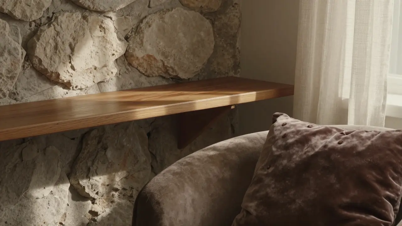 Nahaufnahme von rauem Stein, glattem Holz und samtigem Kissen bei natürlichem Licht.