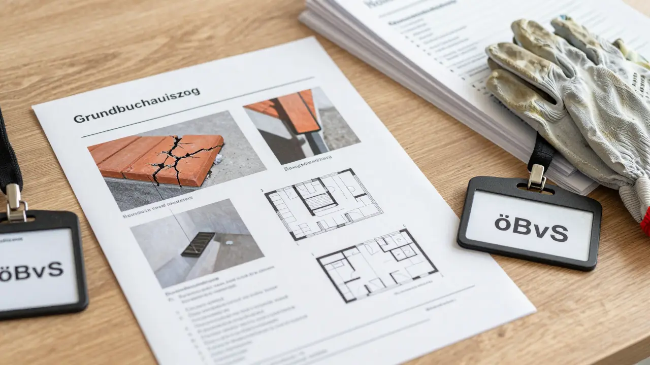 Offenes Gutachten mit Fotos, Messdaten und Dokumenten auf Holztisch, daneben öBvS-Identifikationsbadge.