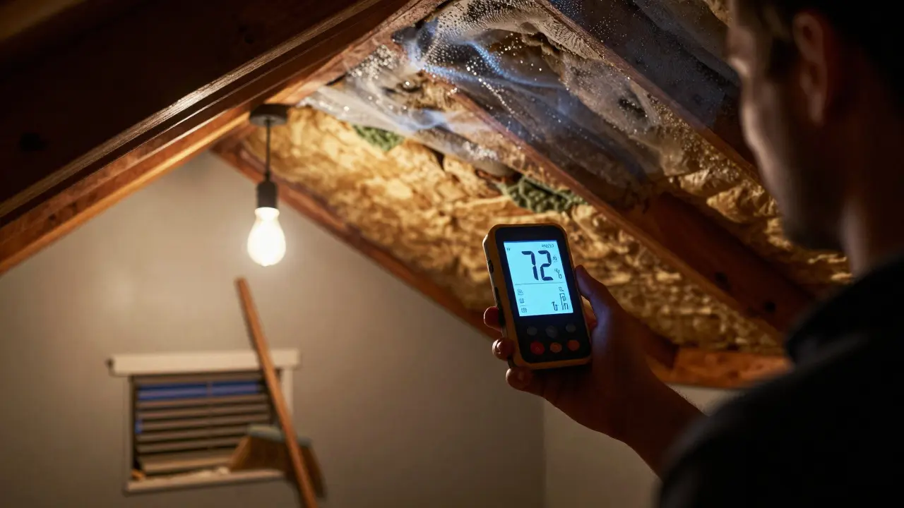 Person misst Luftfeuchtigkeit im Dachboden mit Hygrometer, während thermische Kamera kalte Stellen zeigt.