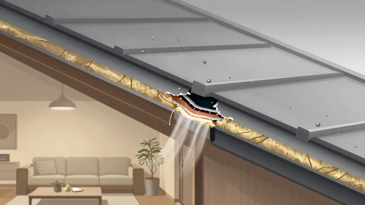 Querschnittansicht eines Dachbodens mit kondensierender Luft, blockierten Lüftungsöffnungen und fehlerhafter Dämmung.