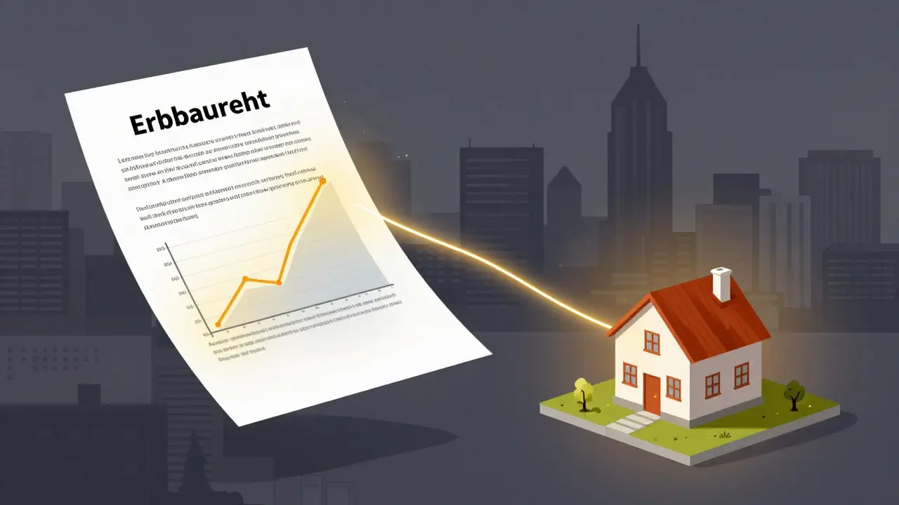 Rechtsvertrag mit inflationsbedingten Veränderungen über einer deutschen Stadt, dynamische Klausel leuchtet golden.