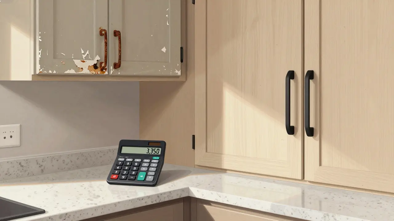 Vergleich einer renovierten Küche: linke Seite alt, rechte Seite modernisiert mit neuen Fronten und Arbeitsplatte.