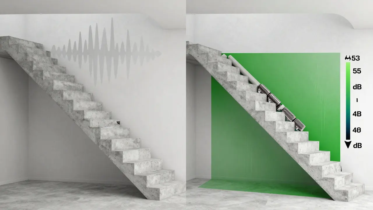 Vergleich von schallübertragender und schallgedämpfter Treppe mit Lärmpegeln von 53 dB und 40 dB.