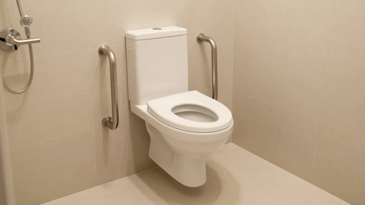 Wandhängendes WC mit Haltegriffen und rutschfestem Fliesenboden, ideal für Senioren.