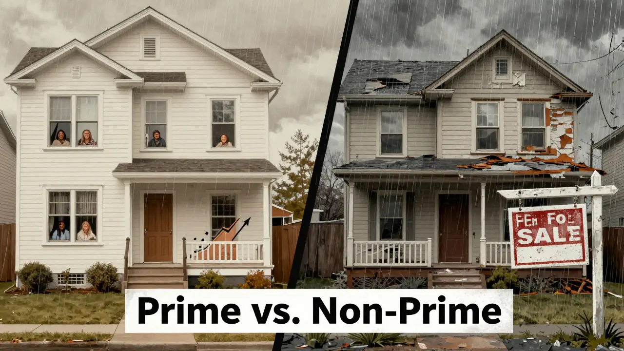Zwei gegensätzliche Immobilien: eine gepflegte Wohnung mit zufriedenen Mietern und eine verfallene Hütte im Regen, symbolisch für Prime und Non-Prime.
