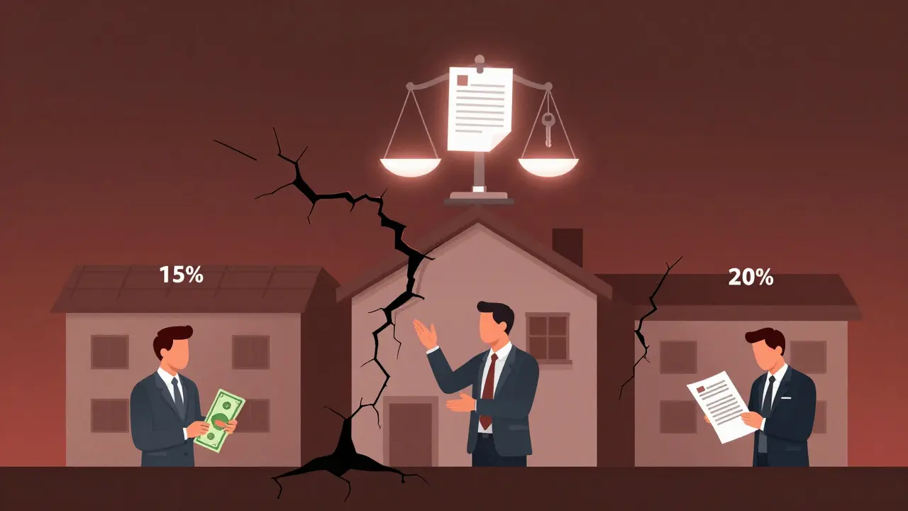 A building split into percentage shares, showing different owners reacting to repair costs, with a legal scale hovering above.