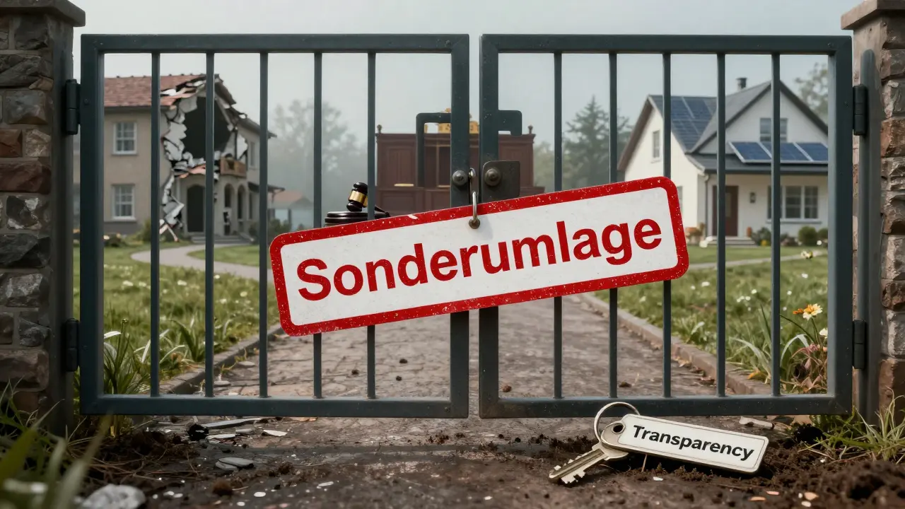 A locked gate sealed by a 'Sonderumlage' stamp, with three diverging paths showing consequences of action, inaction, or transparency.