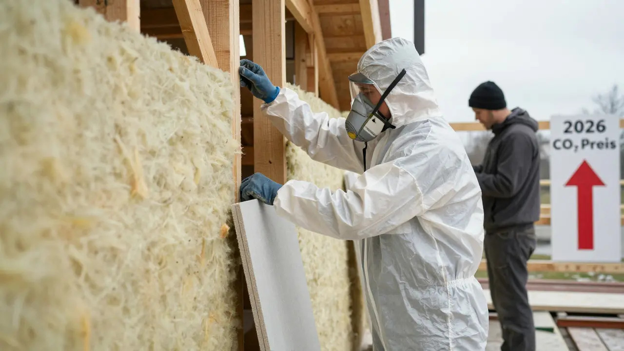 Arbeiter installieren Mineralwolle und Polystyrol in einem deutschen Haus, mit Hinweis auf zukünftige CO₂-Preise.