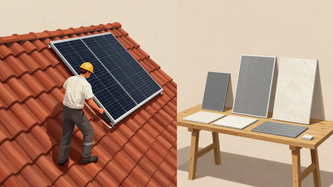 Arbeiter installiert Solardachziegel, die historischen Ziegeln exakt nachempfunden sind, auf einem steilen Dach.