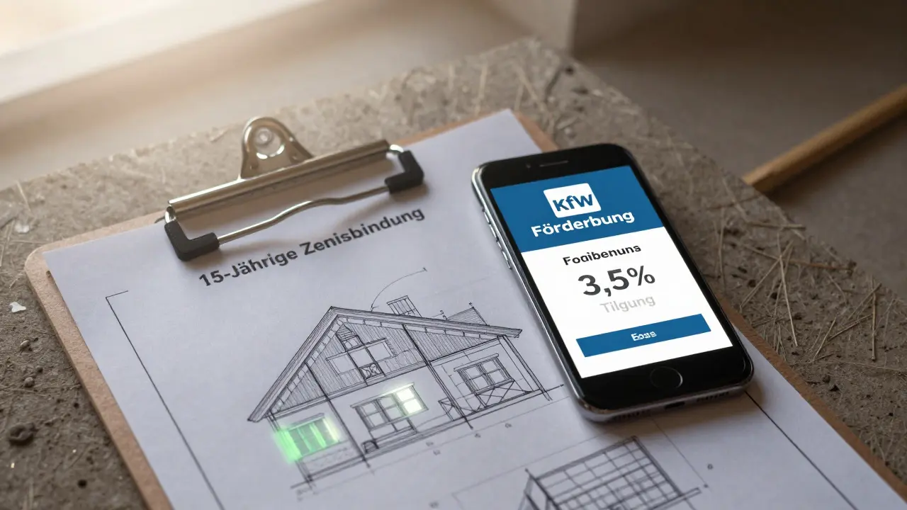 Baugrundstück mit Blueprint, der 15-jährige Zinsbindung und KfW-Förderung zeigt, morgendliches Licht.